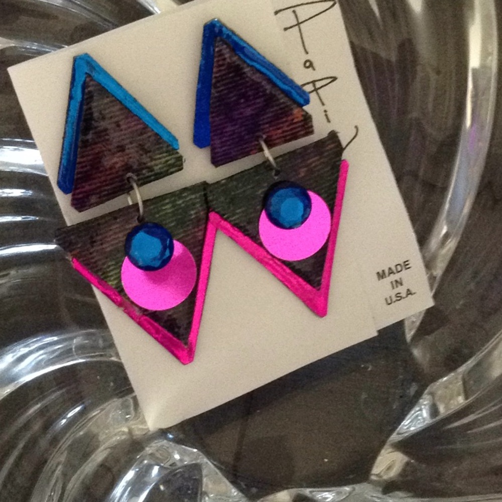 Denim Fabric rainbow hand made retro earrings pink